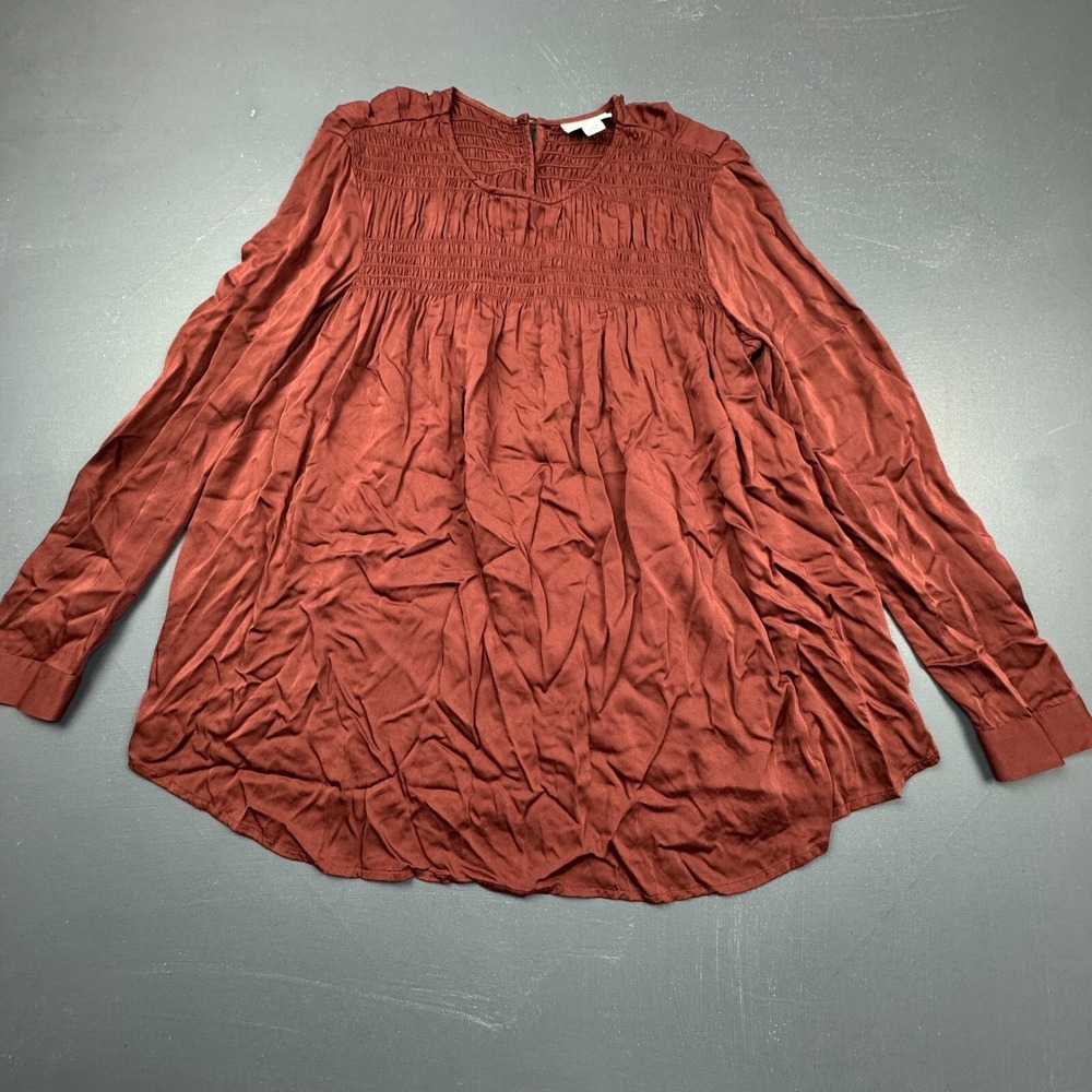 J.Jill Women's XS Petite Rust Tunic Blouse Long Sleeve Smocked Lightweight Shirt